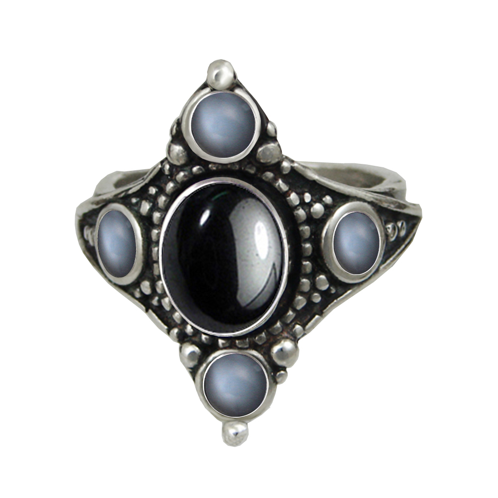 Sterling Silver Renaissance Queen's Ring With Hematite And Grey Moonstone Size 10